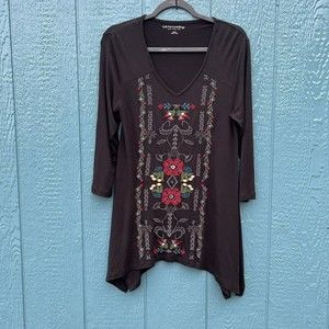Soft Surroundings Embroidered Jersey Knit V Neck Tunic Black Small Long Sleeve